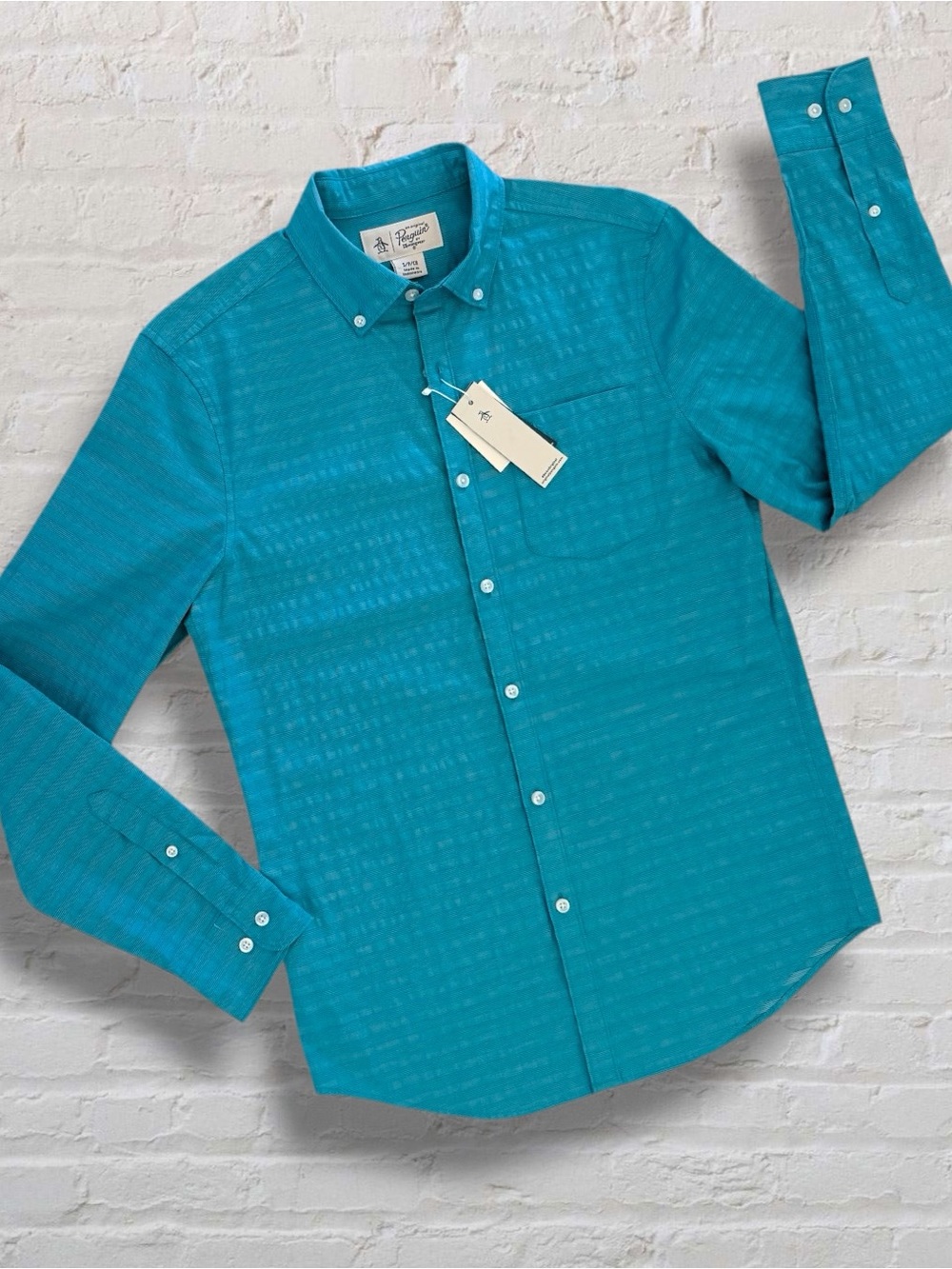NWT Original Penguin Stretch Shirt Men’s S Tahitian Tide Teal $98